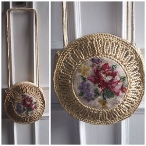 90s Straw Embroidered Purse Rose Floral stitch